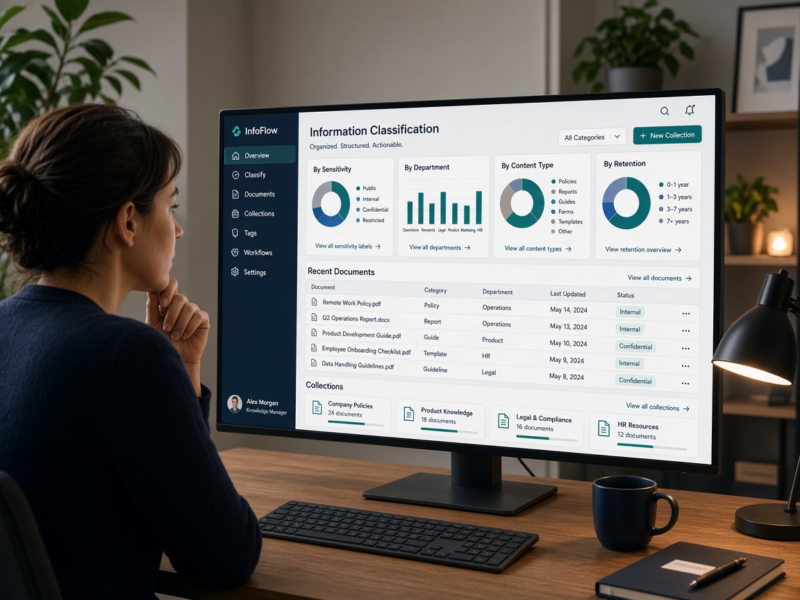 Person reviewing structured information panels and classification categories on a large monitor in a professional workspace