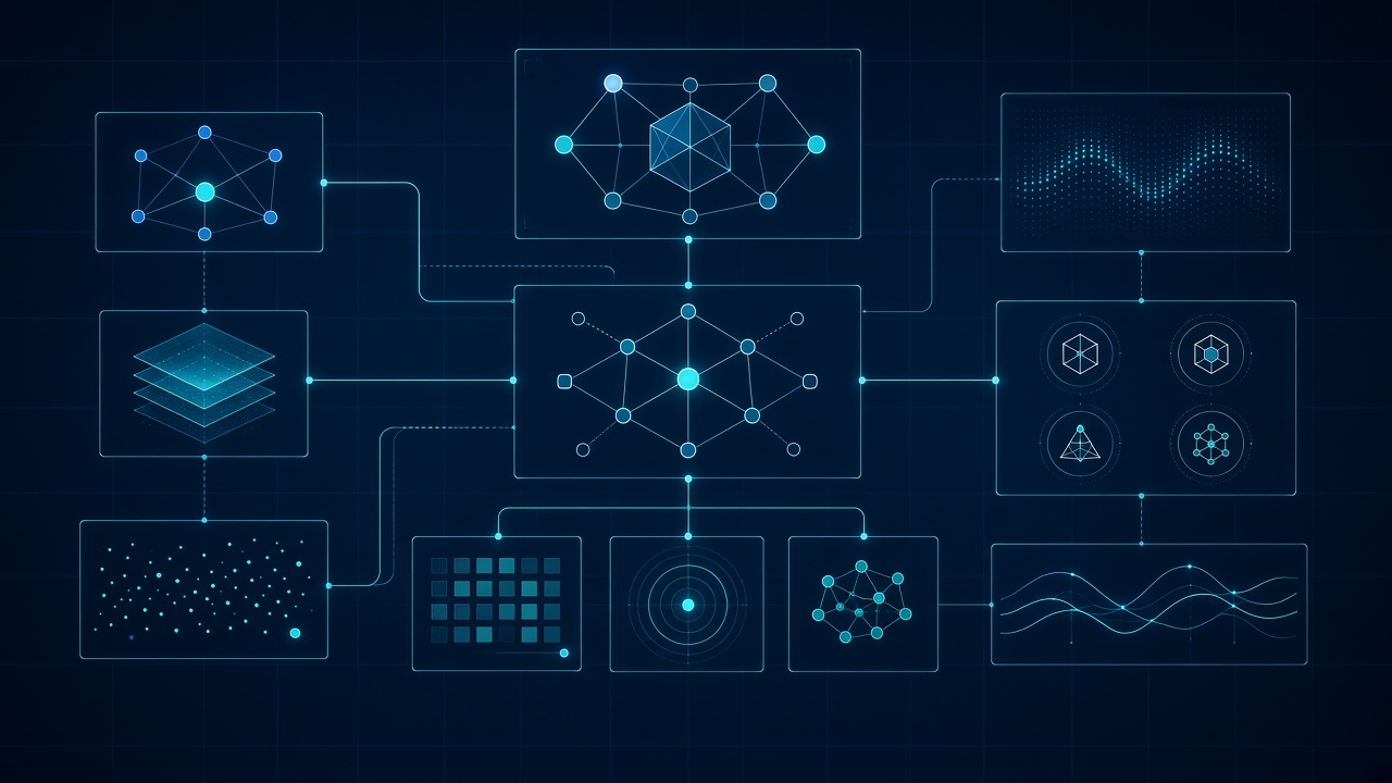 Abstract visualization of the Zaqenimorux information organisation interface showing structured data panels and connection nodes