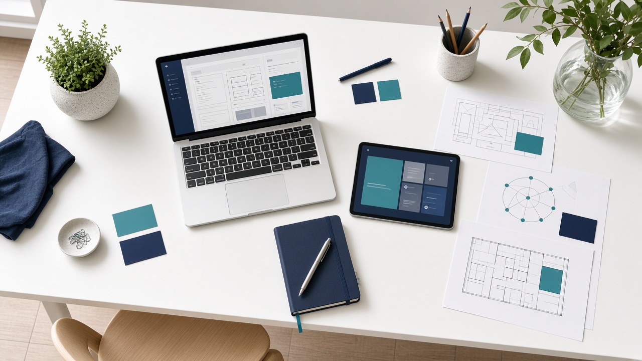 Overhead view of a clean digital workspace with organised interface panels and structured document layouts